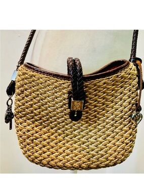 Vtg Brighton-Brown tricolored woven bag with braided leather strap+silver charms